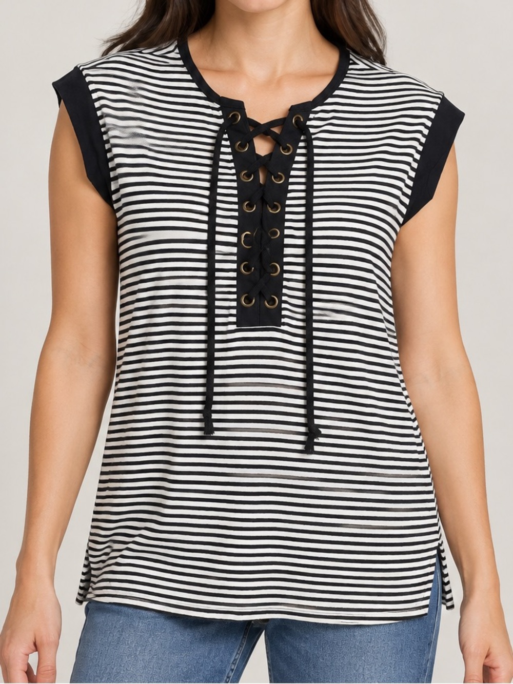 NSF Black White Striped Nautical Lace Up Tee Sz. P